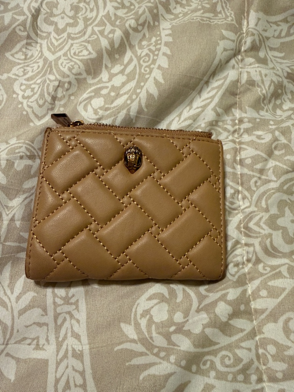 Kurt Geiger Quilted Tan Leather Card Wallet with Gold Tone Detail